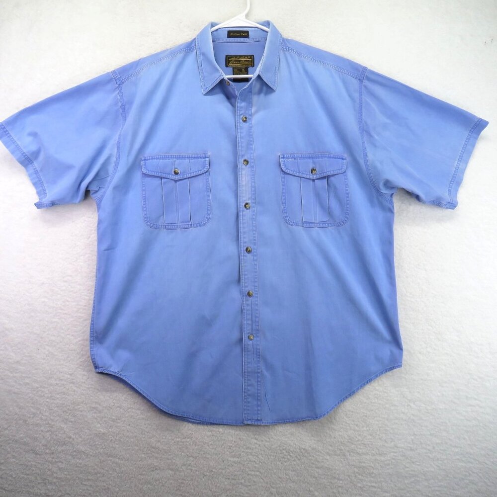 Eddie Bauer Shirt Mens Size Extra Large Rufton Twill Blue Short‎ Sleeve Pockets